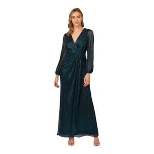Adrianna Papell Metallic Crinkled Mesh Draped Long Gown